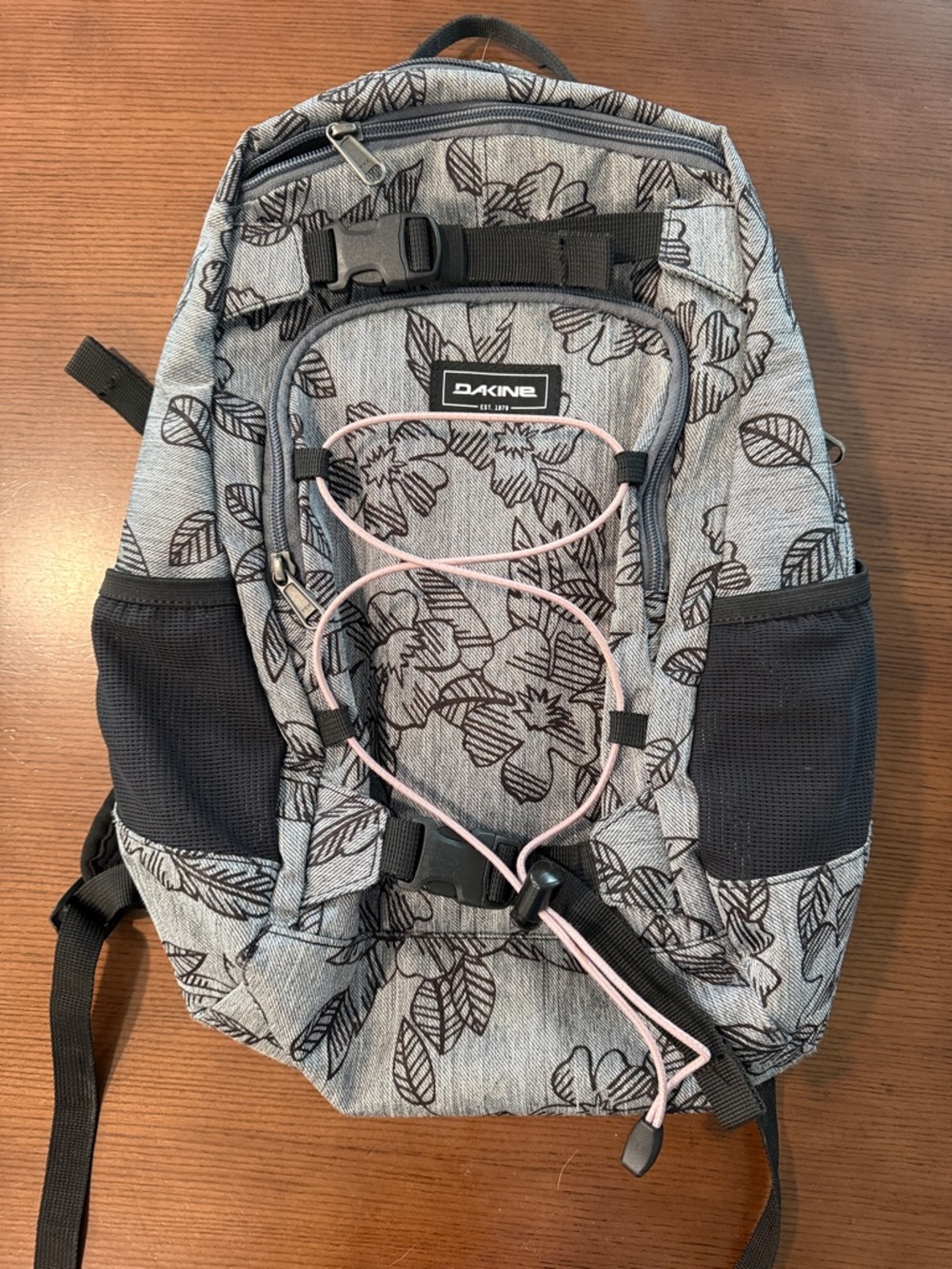Dakine Girls 18L Gray Floral Backpack with Pink Bungee